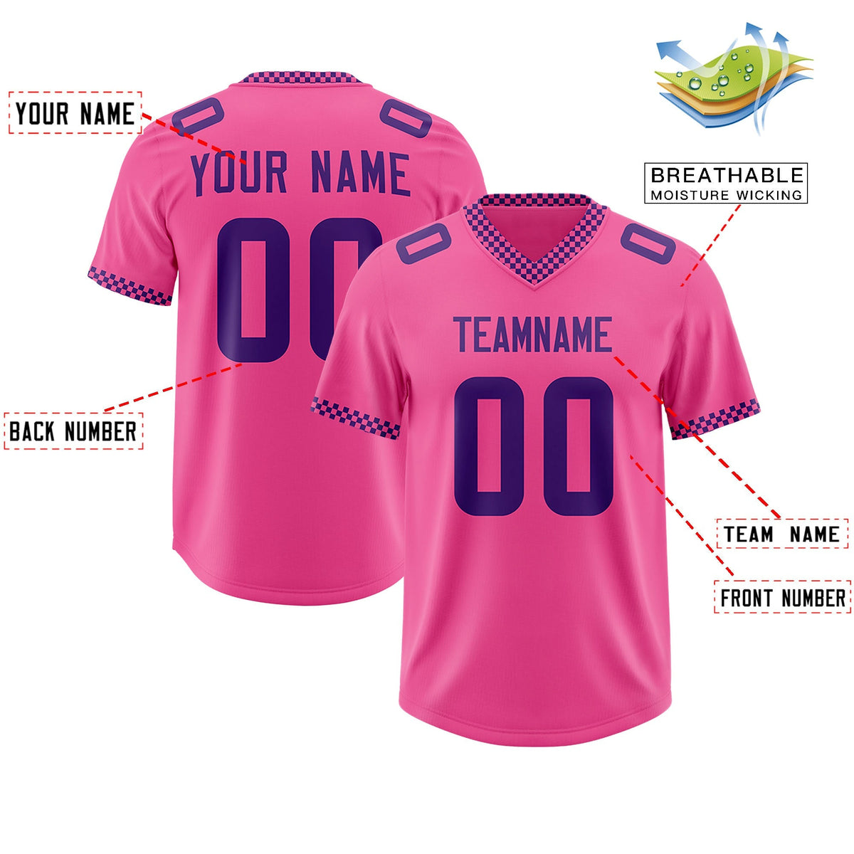 Custom Pink Purple Personalized Neckline Square Classic Authentic American Football Jersey