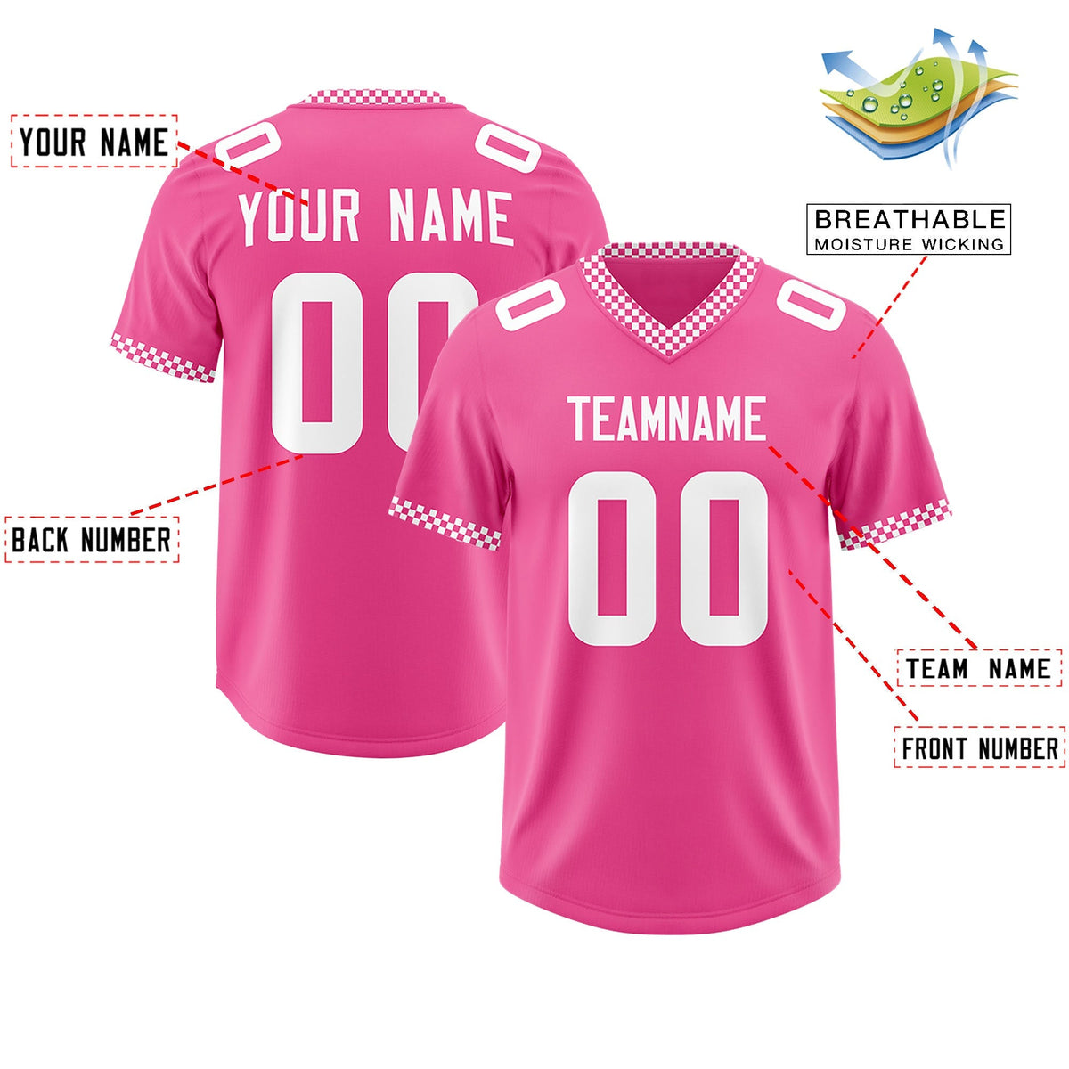 Custom Pink White Personalized Neckline Square Classic Authentic American Football Jersey