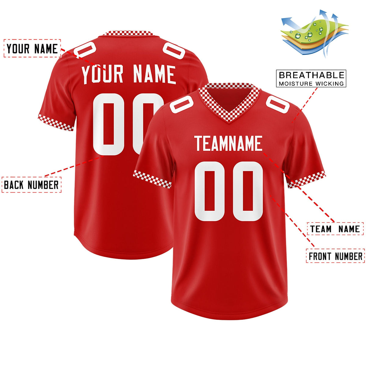 Custom Red White Personalized Neckline Square Classic Authentic American Football Jersey