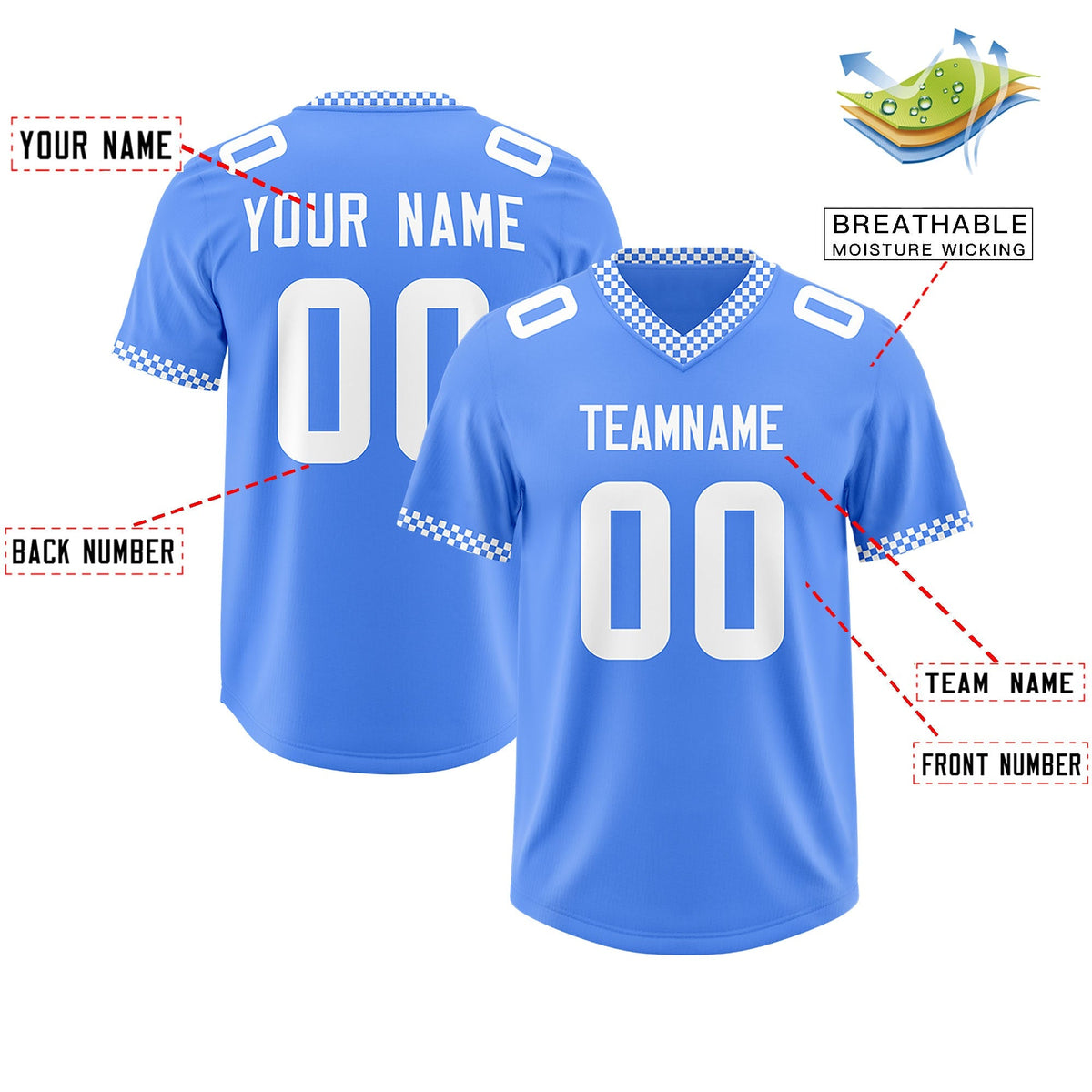 Custom Powder Blue White Personalized Neckline Square Classic Authentic American Football Jersey