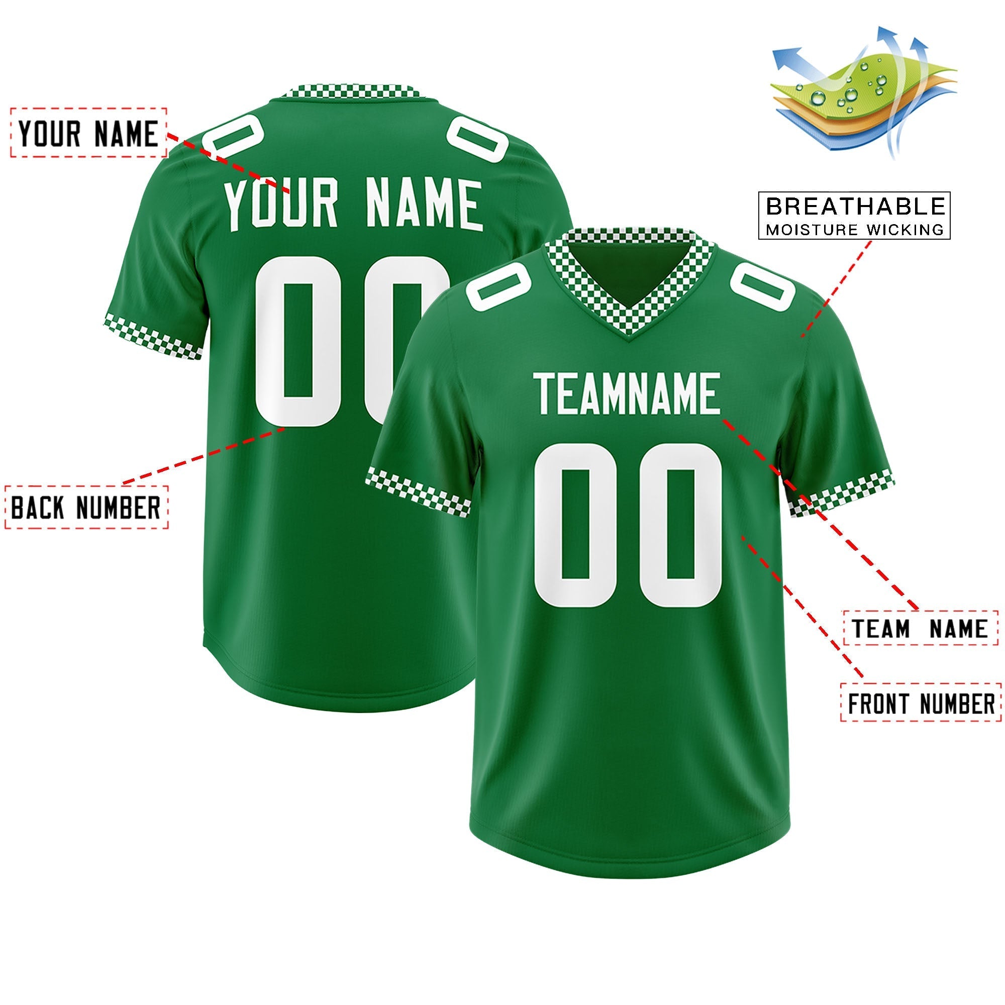 Custom Kelly Green White Personalized Neckline Square Classic Authentic American Football Jersey