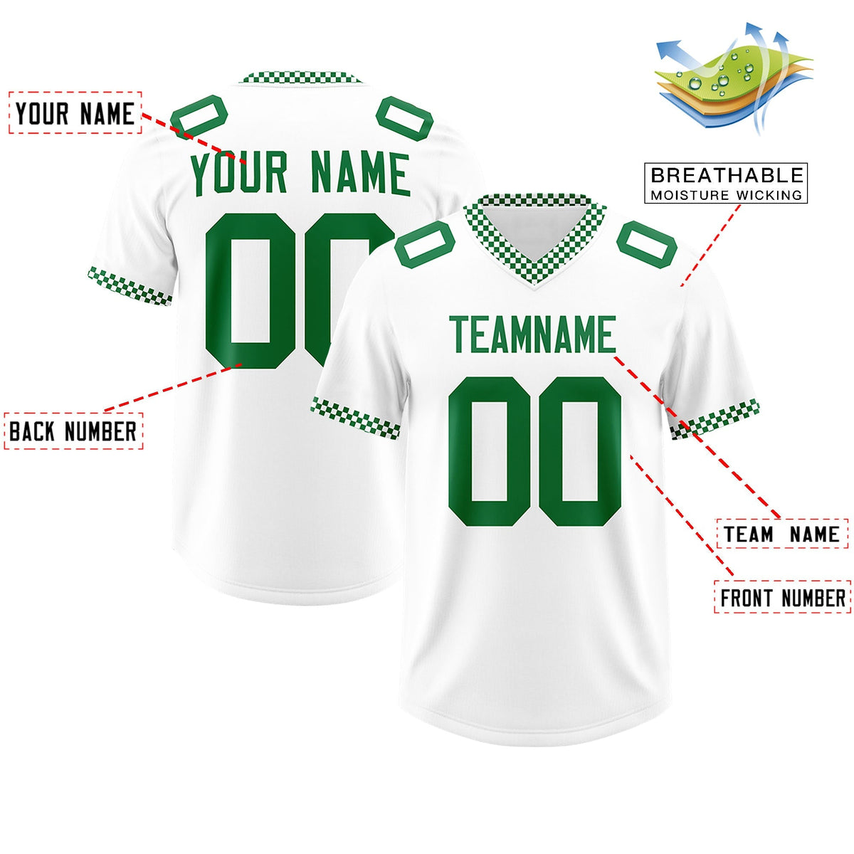 Custom White Kelly Green Personalized Neckline Square Classic Authentic American Football Jersey