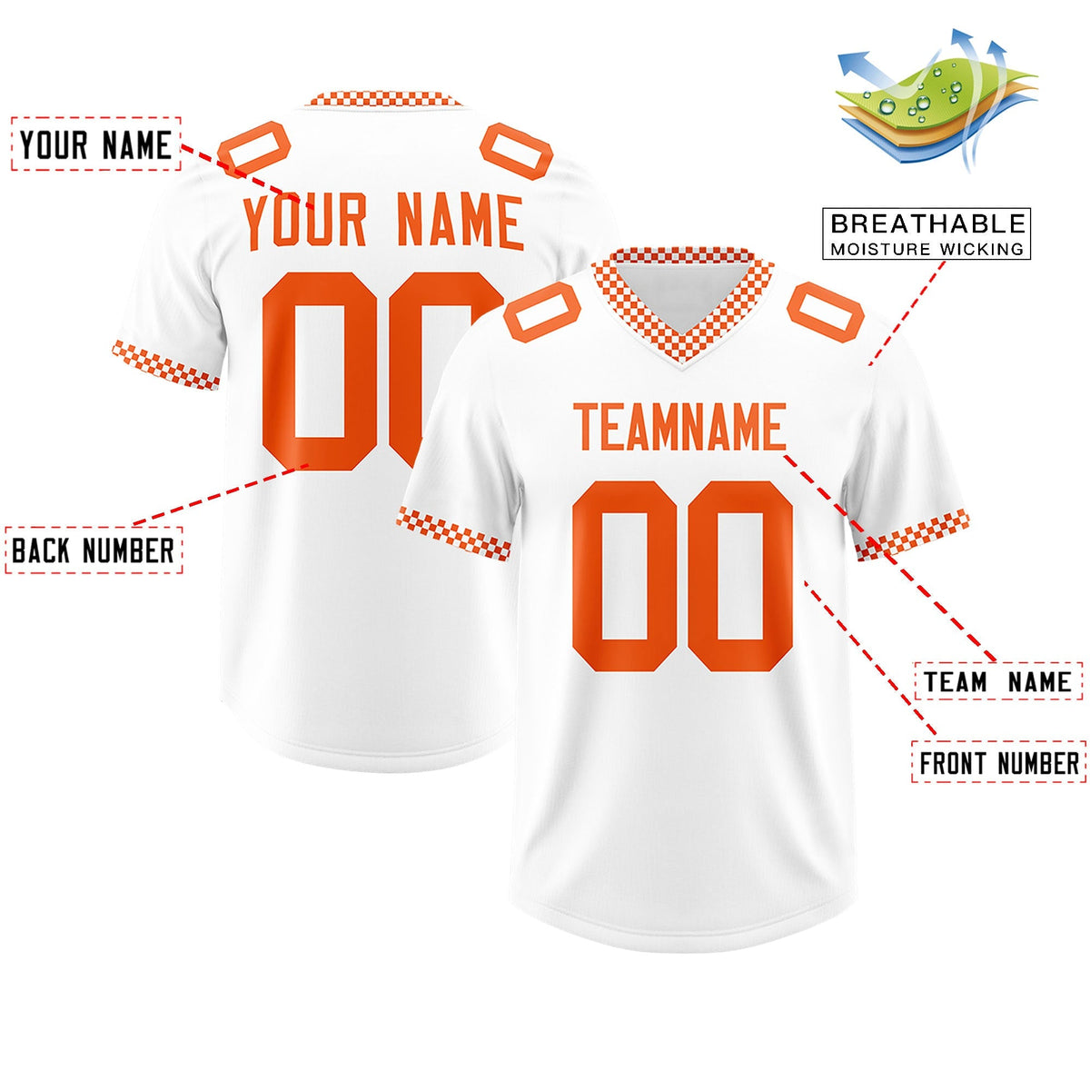 Custom White Orange Personalized Neckline Square Classic Authentic American Football Jersey