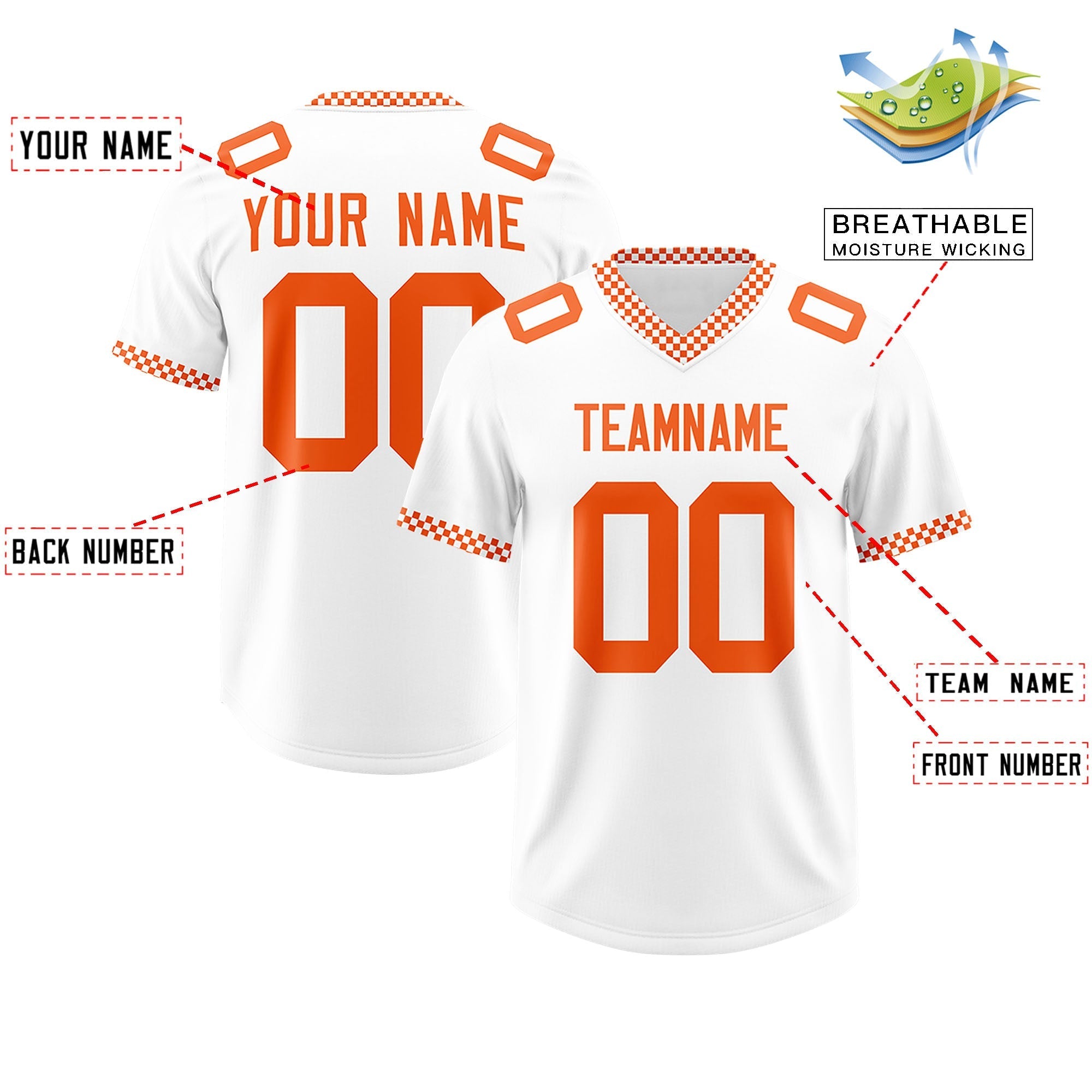Custom White Orange Personalized Neckline Square Classic Authentic American Football Jersey