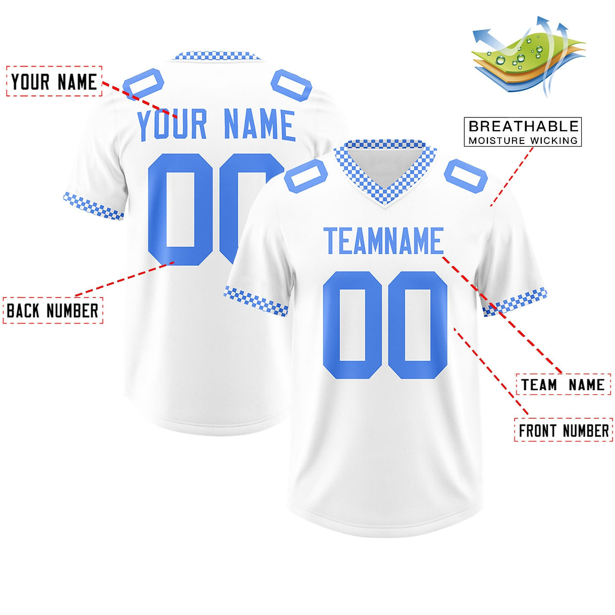 Custom White Powder Blue Personalized Neckline Square Classic Authentic American Football Jersey