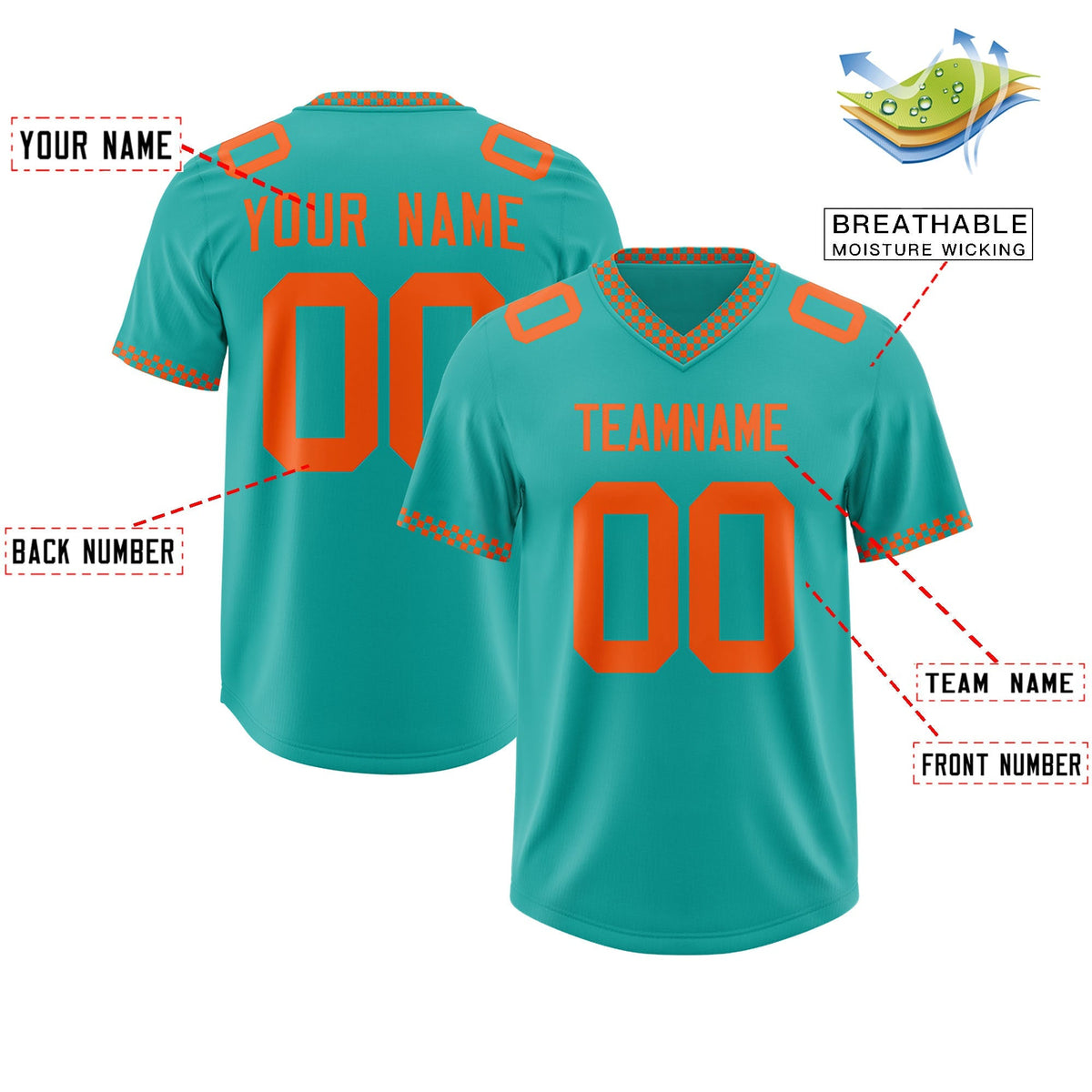 Custom Aqua Orange Personalized Neckline Square Classic Authentic American Football Jersey