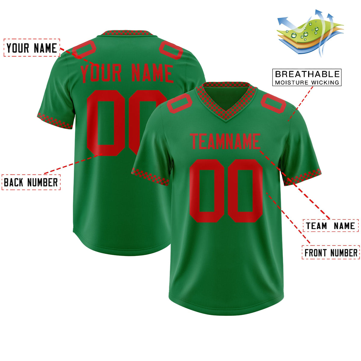 Custom Kelly Green Red Personalized Neckline Square Classic Authentic American Football Jersey