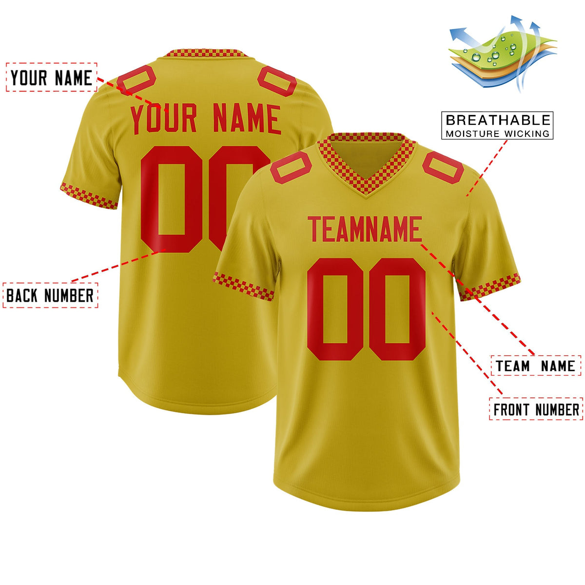 Custom Old Gold Red Personalized Neckline Square Classic Authentic American Football Jersey
