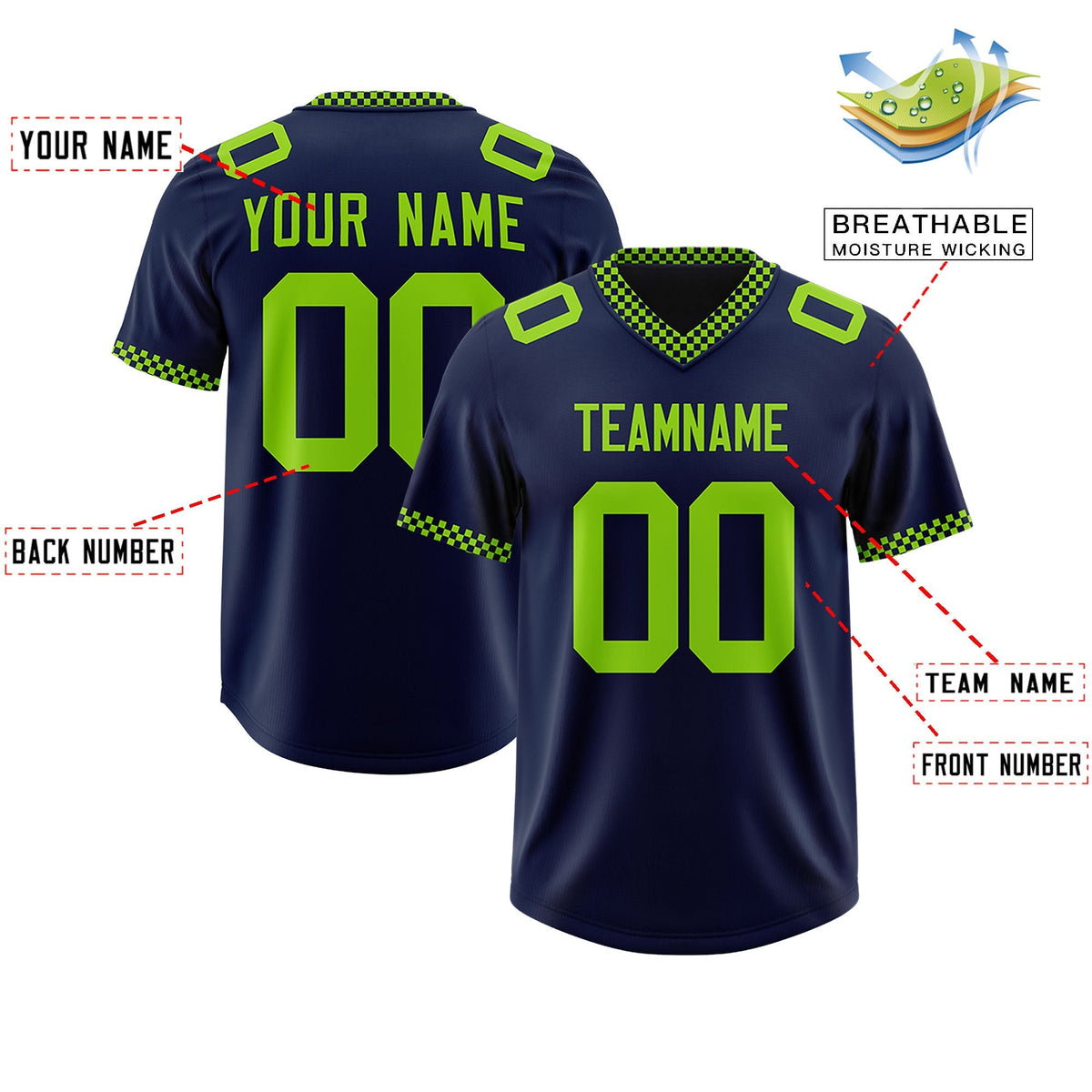 Custom Navy Neon Green Personalized Neckline Square Classic Authentic American Football Jersey