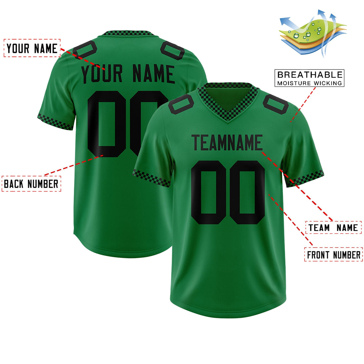 Custom Kelly Green Black Personalized Neckline Square Classic Authentic American Football Jersey