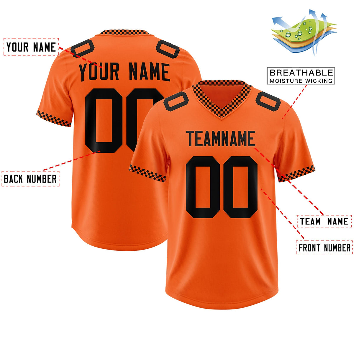 Custom Orange Black Personalized Neckline Square Classic Authentic American Football Jersey
