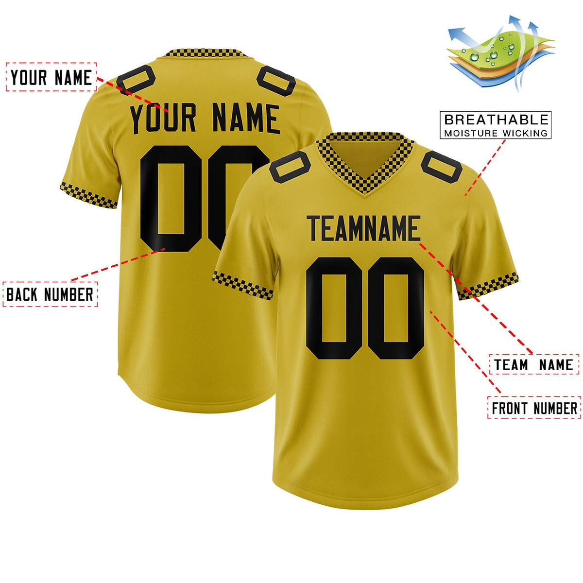 Custom Old Gold Black Personalized Neckline Square Classic Authentic American Football Jersey