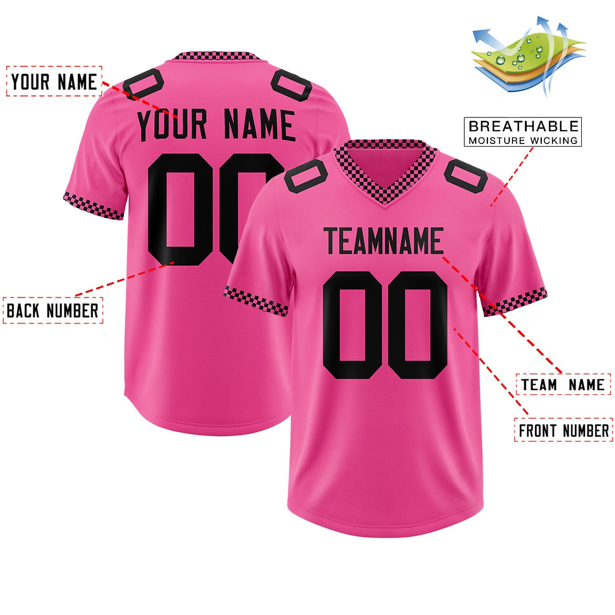 Custom Pink Black Personalized Neckline Square Classic Authentic American Football Jersey