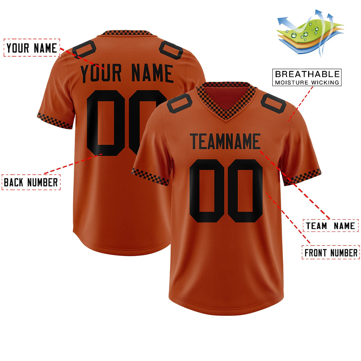 Custom Texas Orange Black Personalized Neckline Square Classic Authentic American Football Jersey