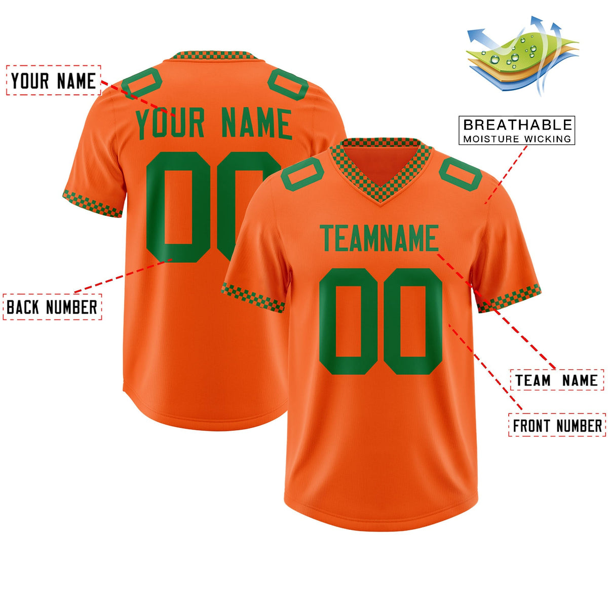 Custom Orange Kelly Green Personalized Neckline Square Classic Authentic American Football Jersey
