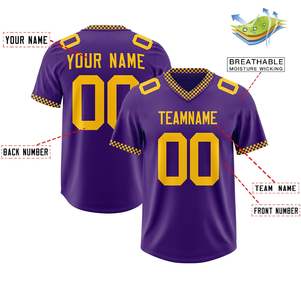 Custom Purple Yellow Personalized Neckline Square Classic Authentic American Football Jersey