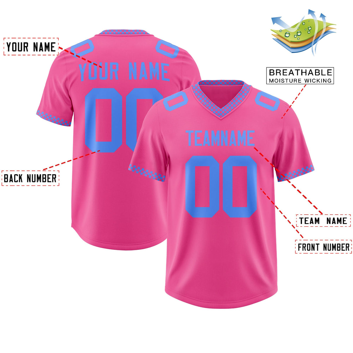 Custom Pink Powder Blue Personalized Neckline Square Classic Authentic American Football Jersey
