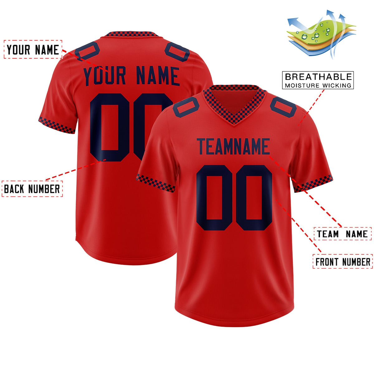 Custom Red Navy Personalized Neckline Square Classic Authentic American Football Jersey