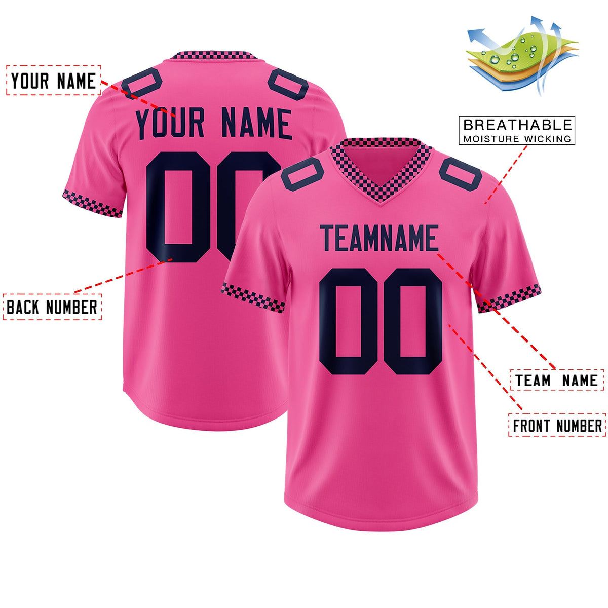 Custom Pink Navy Personalized Neckline Square Classic Authentic American Football Jersey