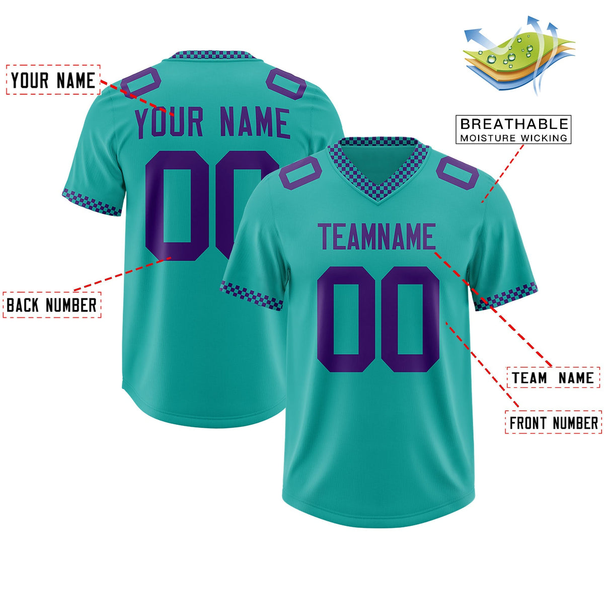 Custom Aqua Purple Personalized Neckline Square Classic Authentic American Football Jersey