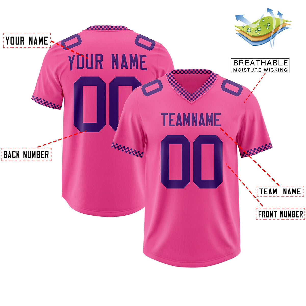 Custom Pink Purple Personalized Neckline Square Classic Authentic American Football Jersey
