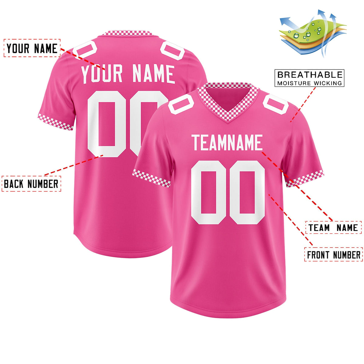Custom Pink White Personalized Neckline Square Classic Authentic American Football Jersey