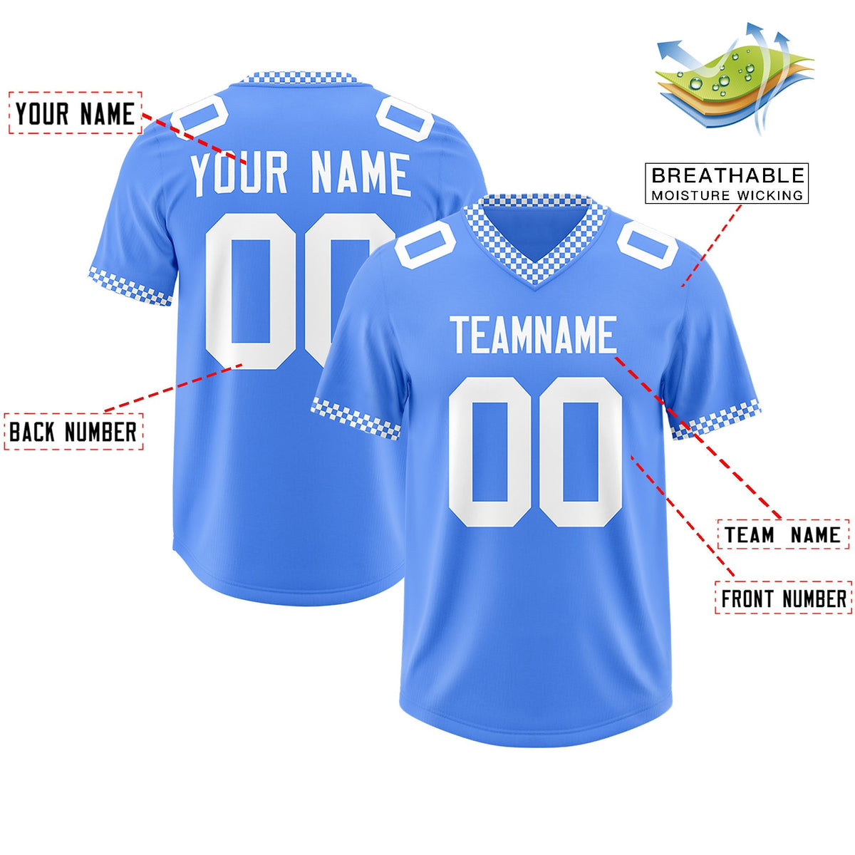 Custom Powder Blue White Personalized Neckline Square Classic Authentic American Football Jersey