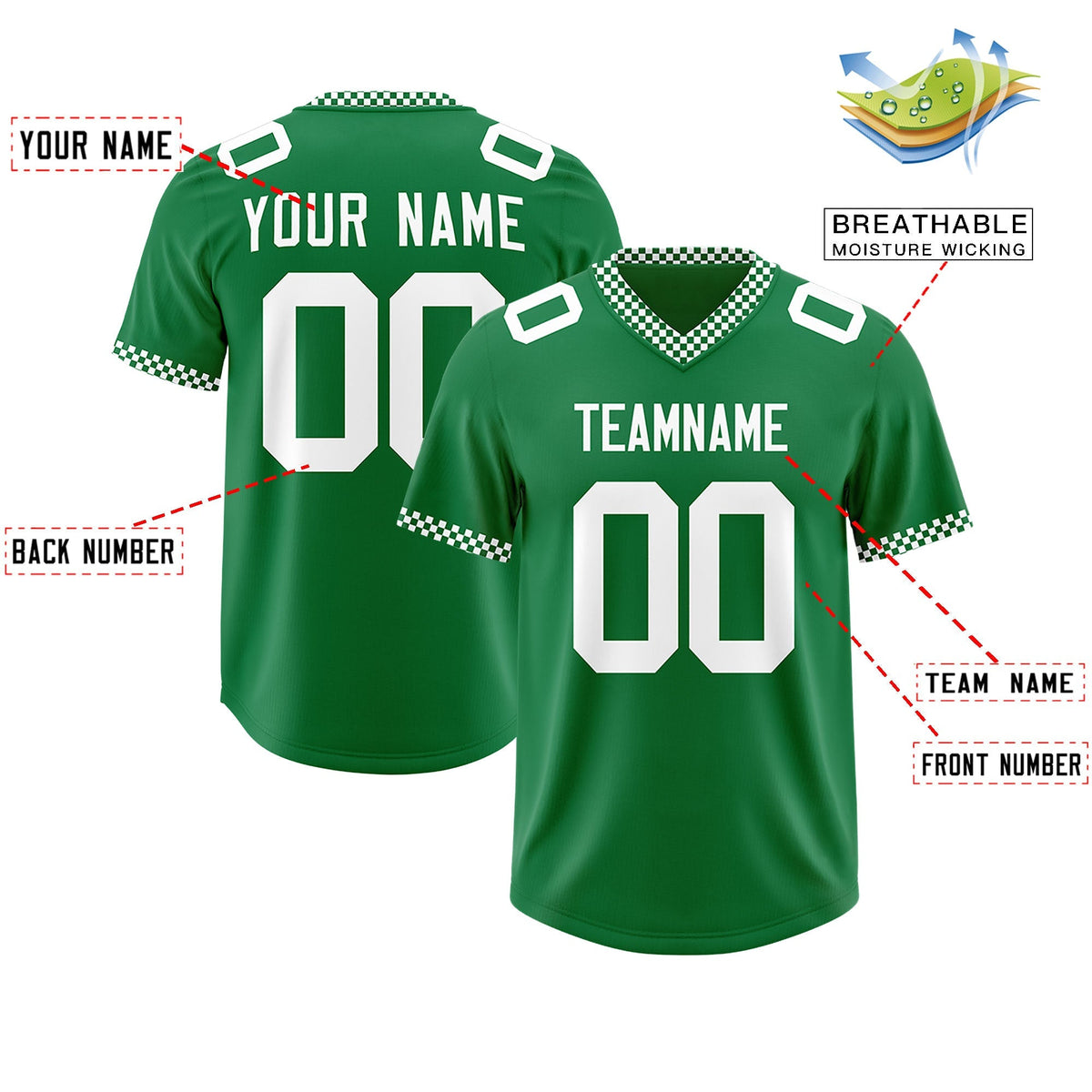 Custom Kelly Green White Personalized Neckline Square Classic Authentic American Football Jersey