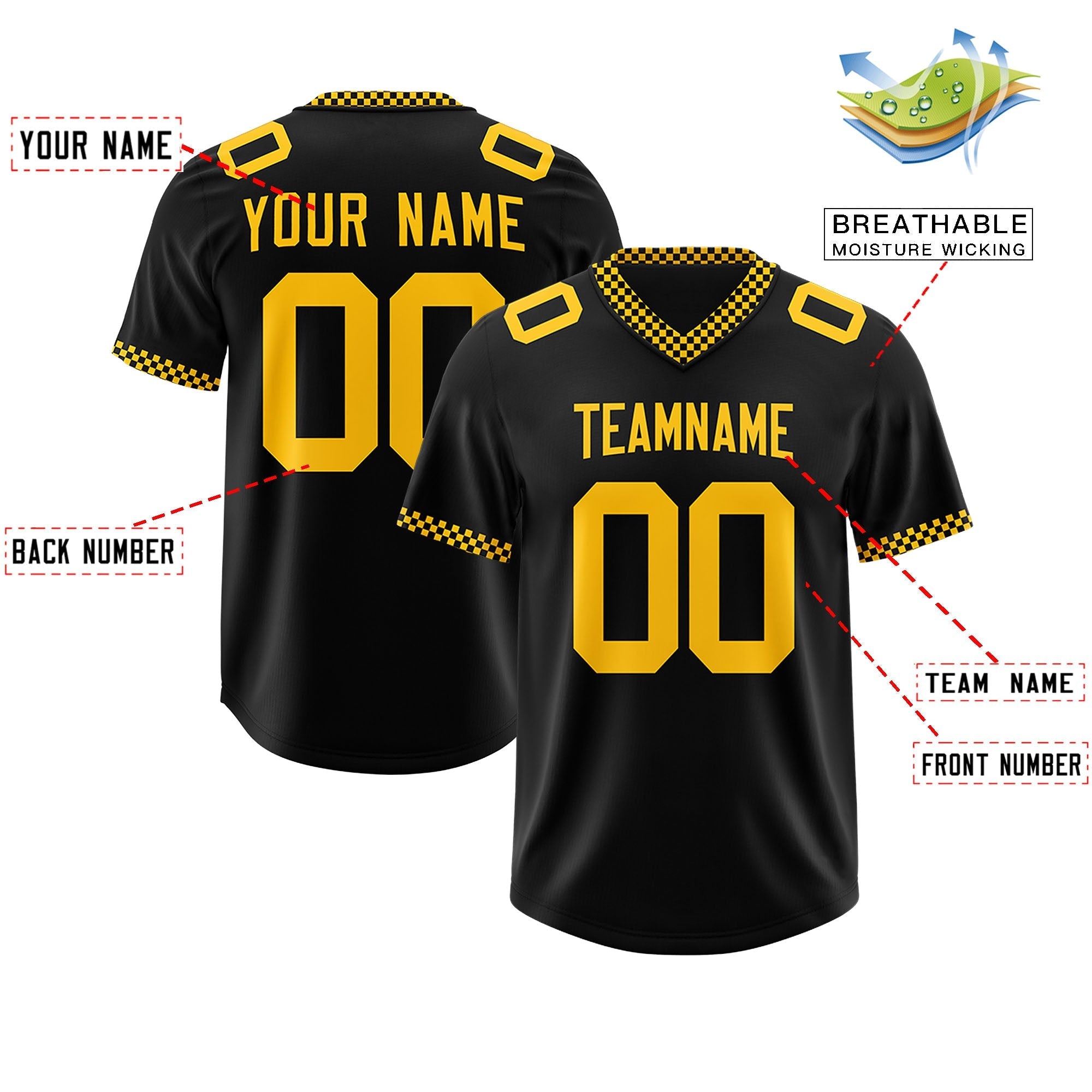 Custom Black Yellow Personalized Neckline Square Classic Authentic American Football Jersey