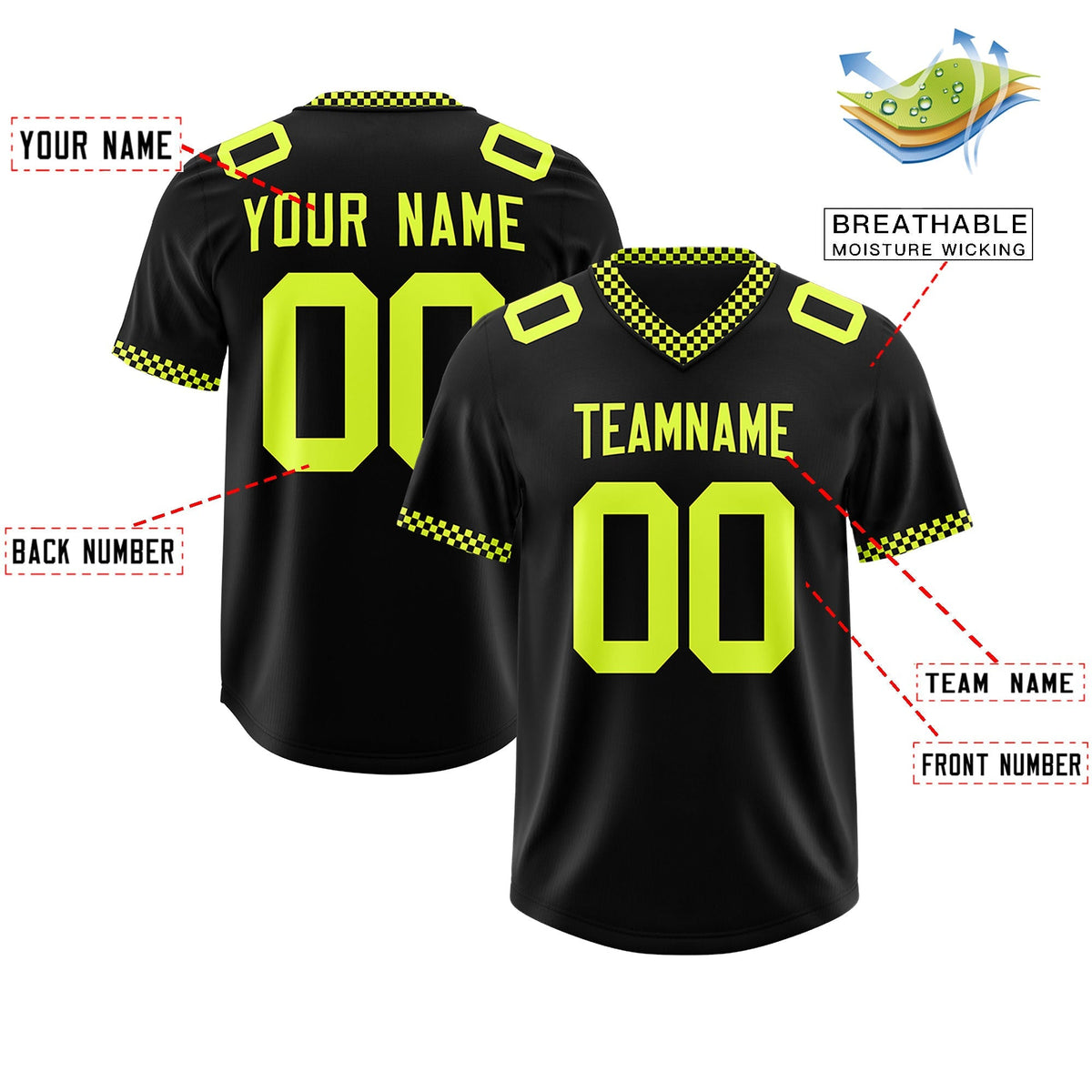 Custom Black Fluorescent Green Personalized Neckline Square Classic Authentic American Football Jersey