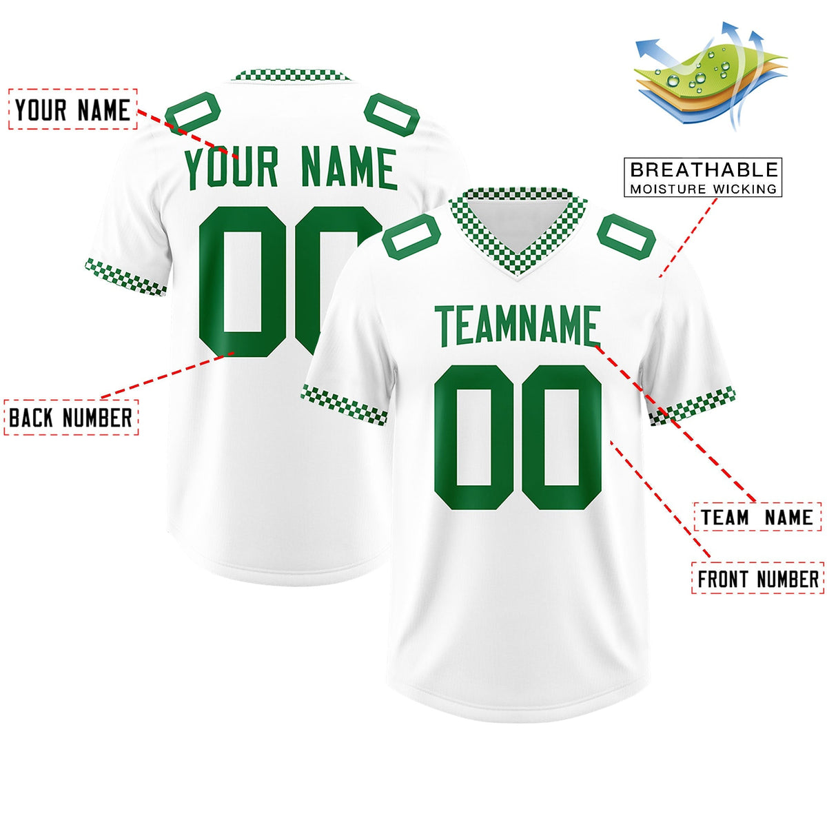 Custom White Kelly Green Personalized Neckline Square Classic Authentic American Football Jersey