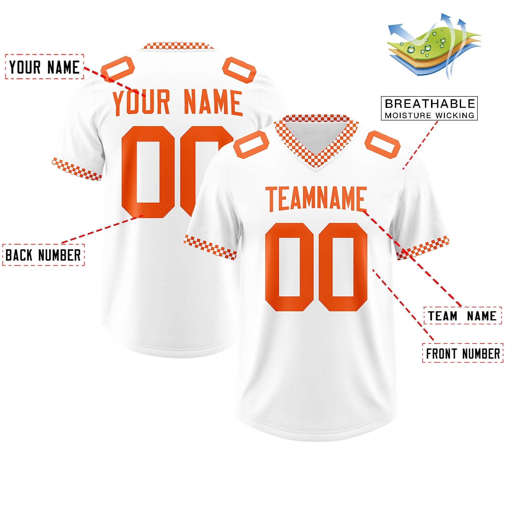Custom White Orange Personalized Neckline Square Classic Authentic American Football Jersey