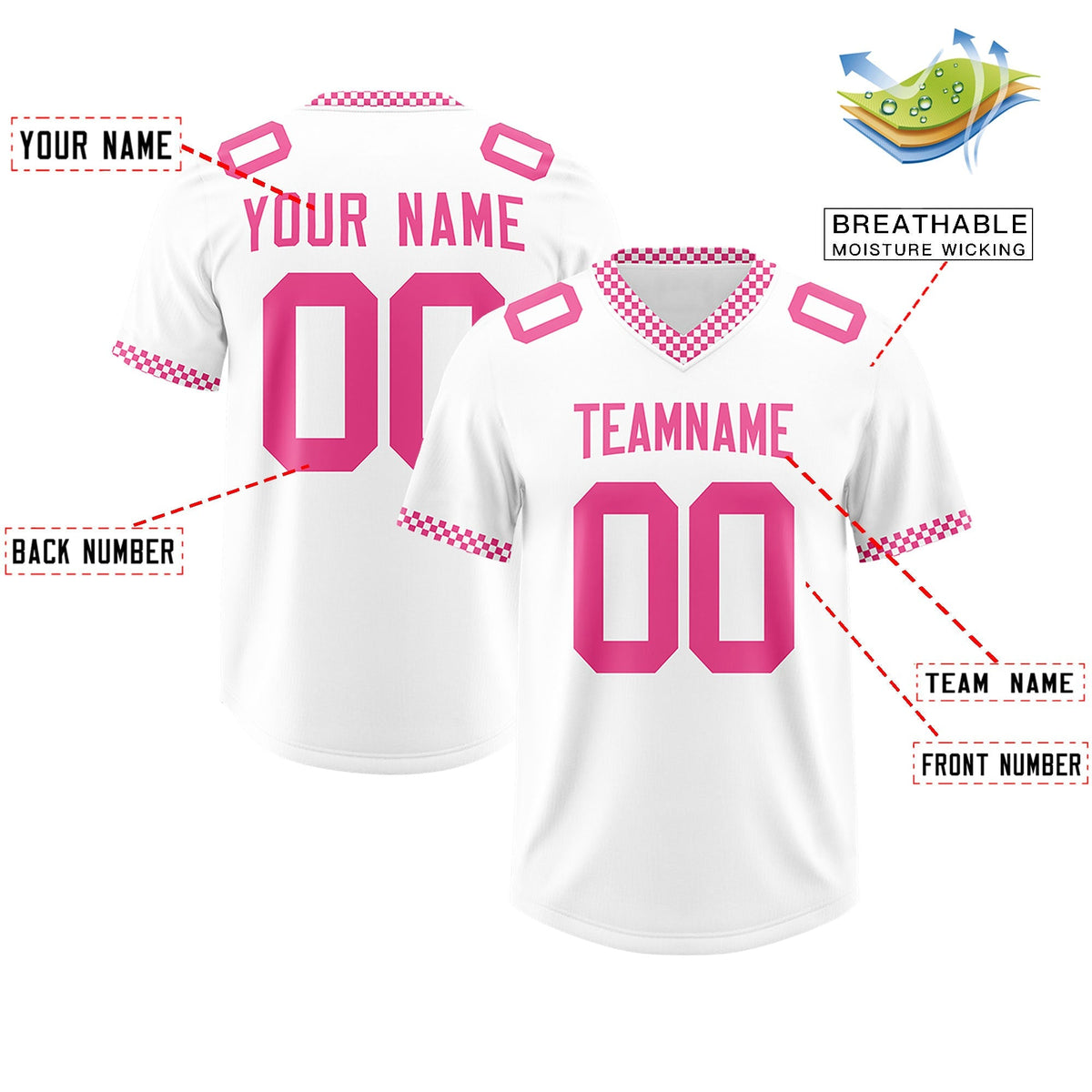 Custom White Pink Personalized Neckline Square Classic Authentic American Football Jersey