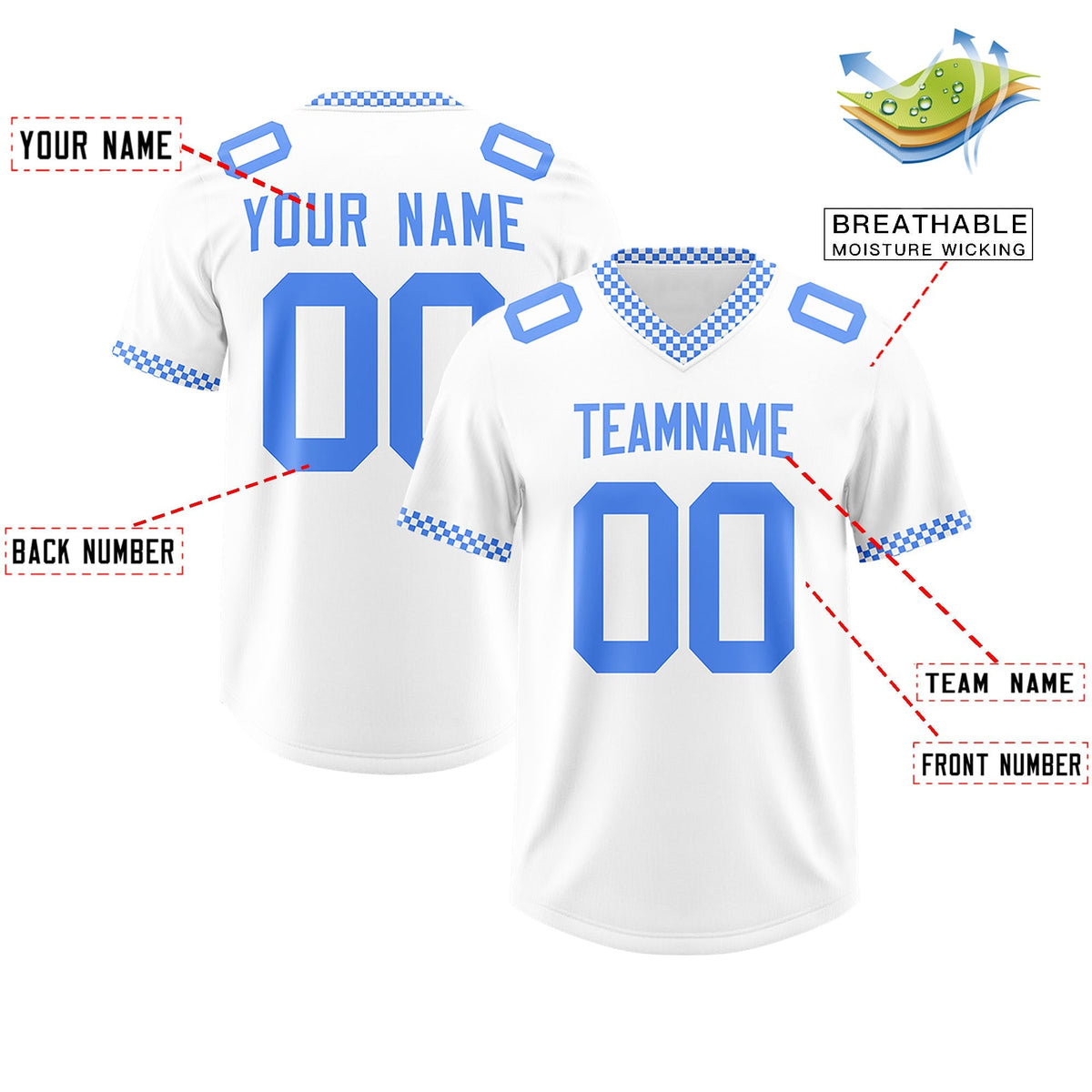 Custom White Powder Blue Personalized Neckline Square Classic Authentic American Football Jersey