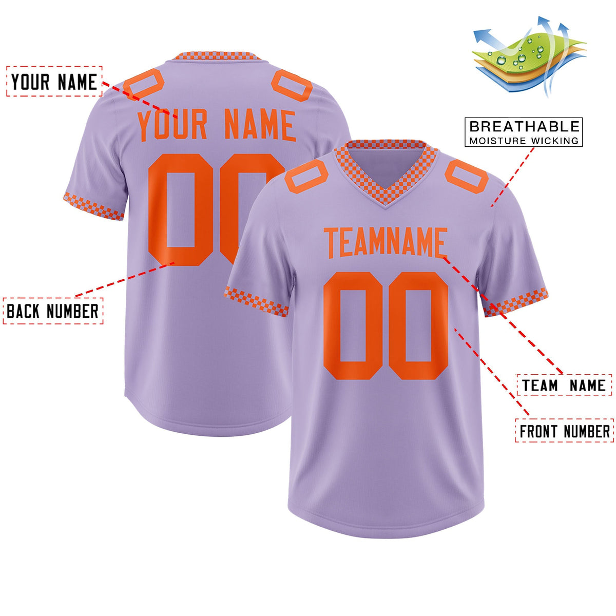 Custom Light Purple Orange Personalized Neckline Square Classic Authentic American Football Jersey