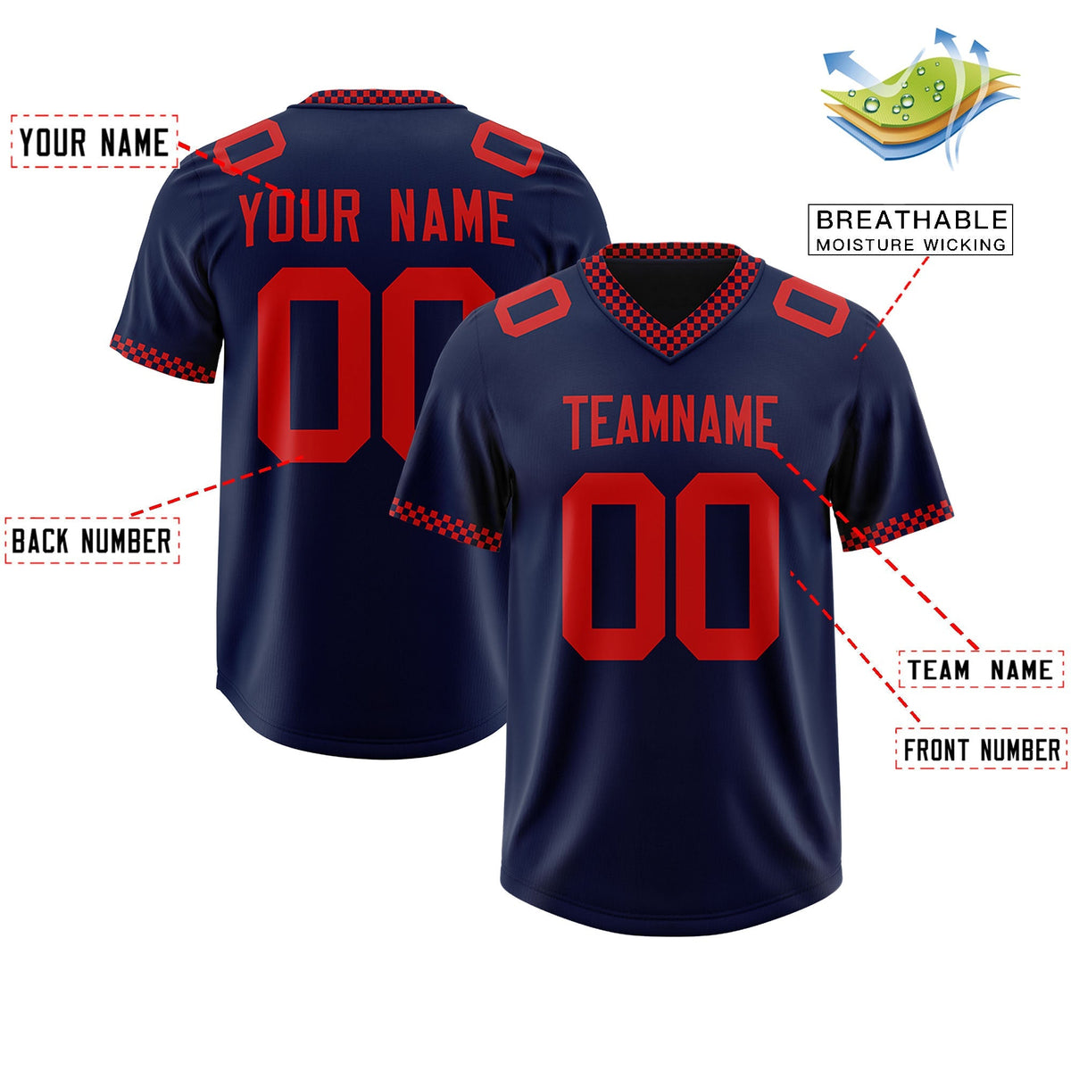 Custom Navy Red Personalized Neckline Square Classic Authentic American Football Jersey