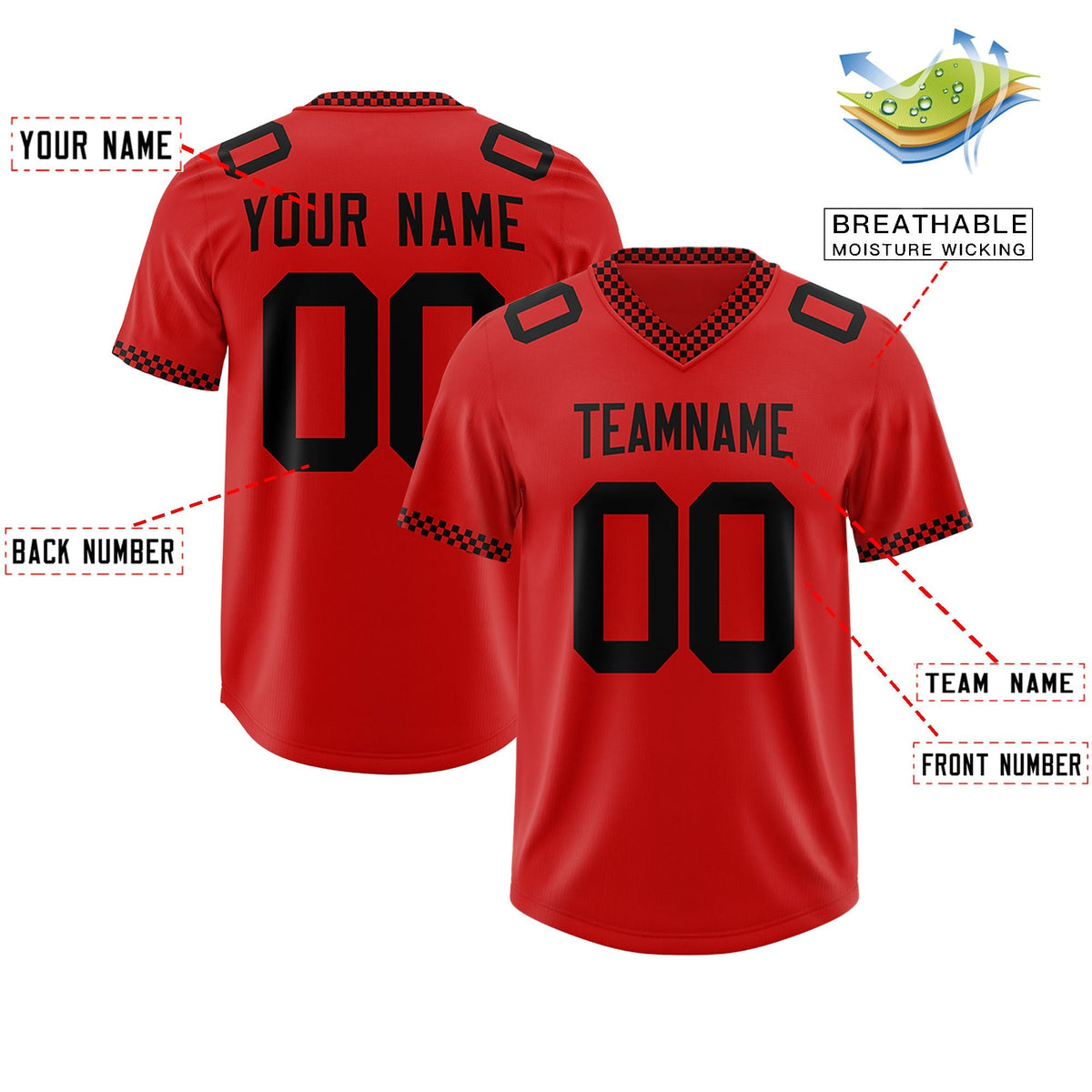 Custom Red Black Personalized Neckline Square Classic Authentic American Football Jersey