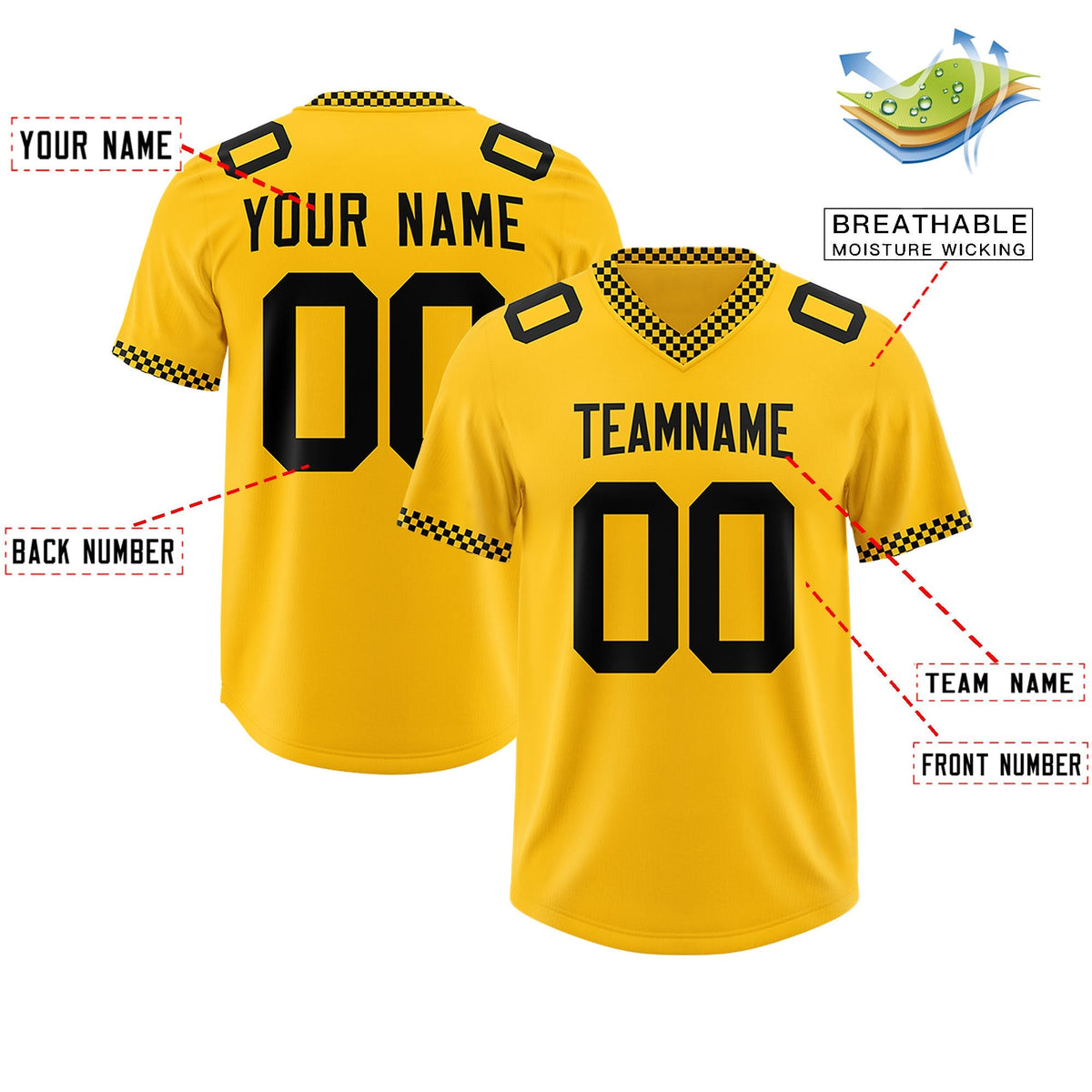 Custom Yellow Black Personalized Neckline Square Classic Authentic American Football Jersey