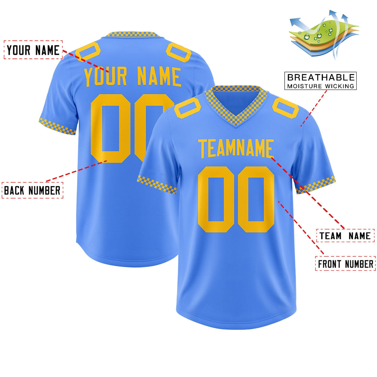Custom Powder Blue Yellow Personalized Neckline Square Classic Authentic American Football Jersey