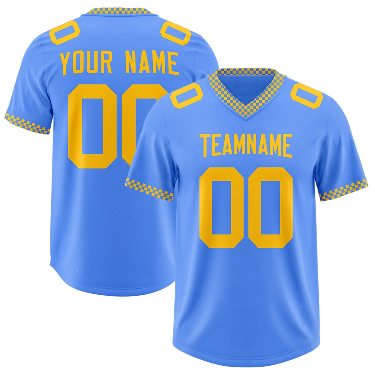Custom Powder Blue Yellow Personalized Neckline Square Classic Authentic American Football Jersey