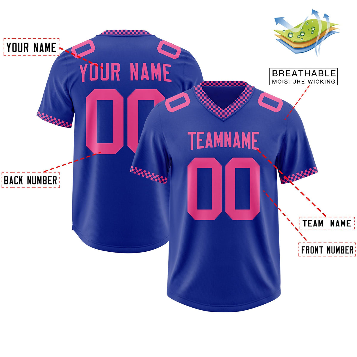Custom Royal Pink Personalized Neckline Square Classic Authentic American Football Jersey