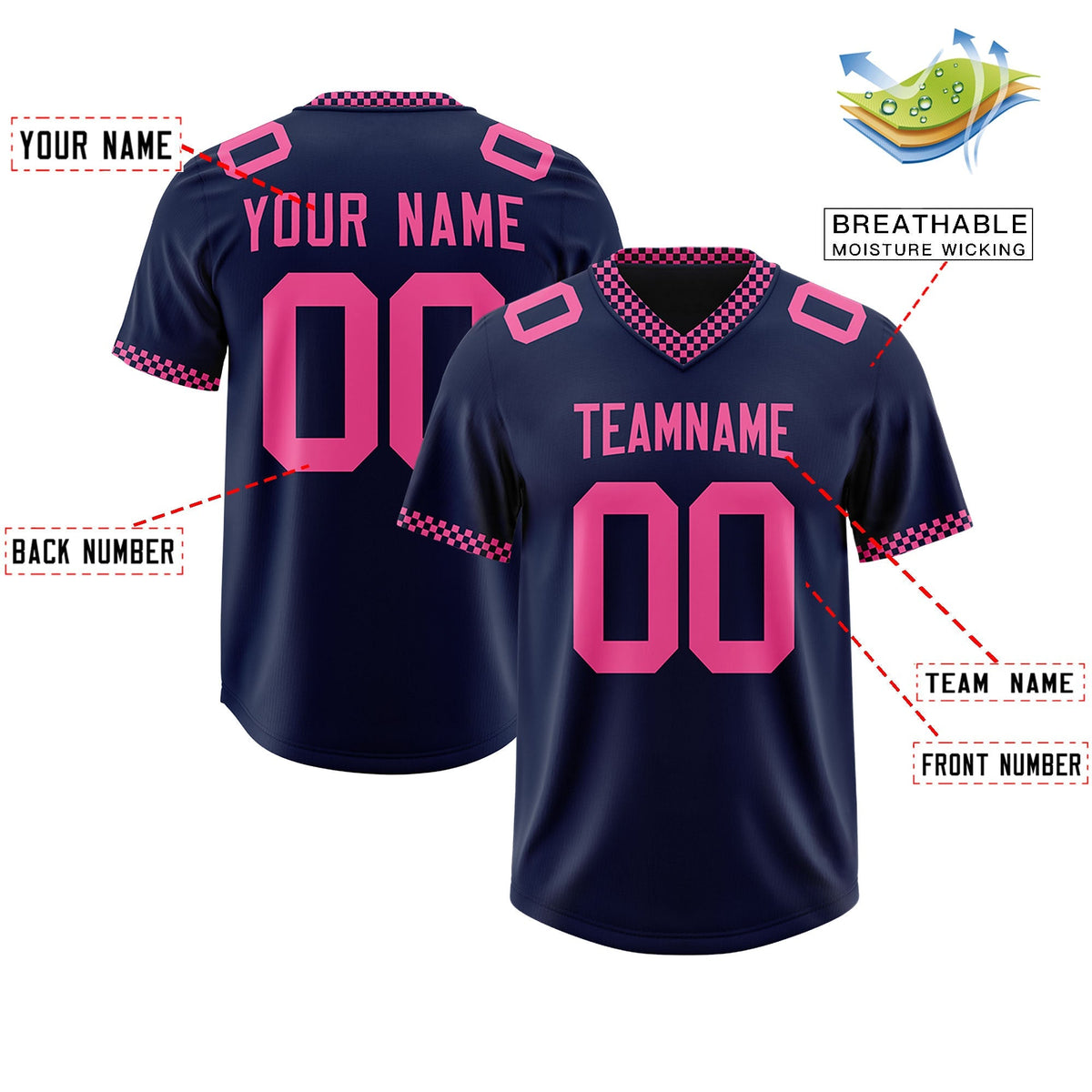 Custom Navy Pink Personalized Neckline Square Classic Authentic American Football Jersey