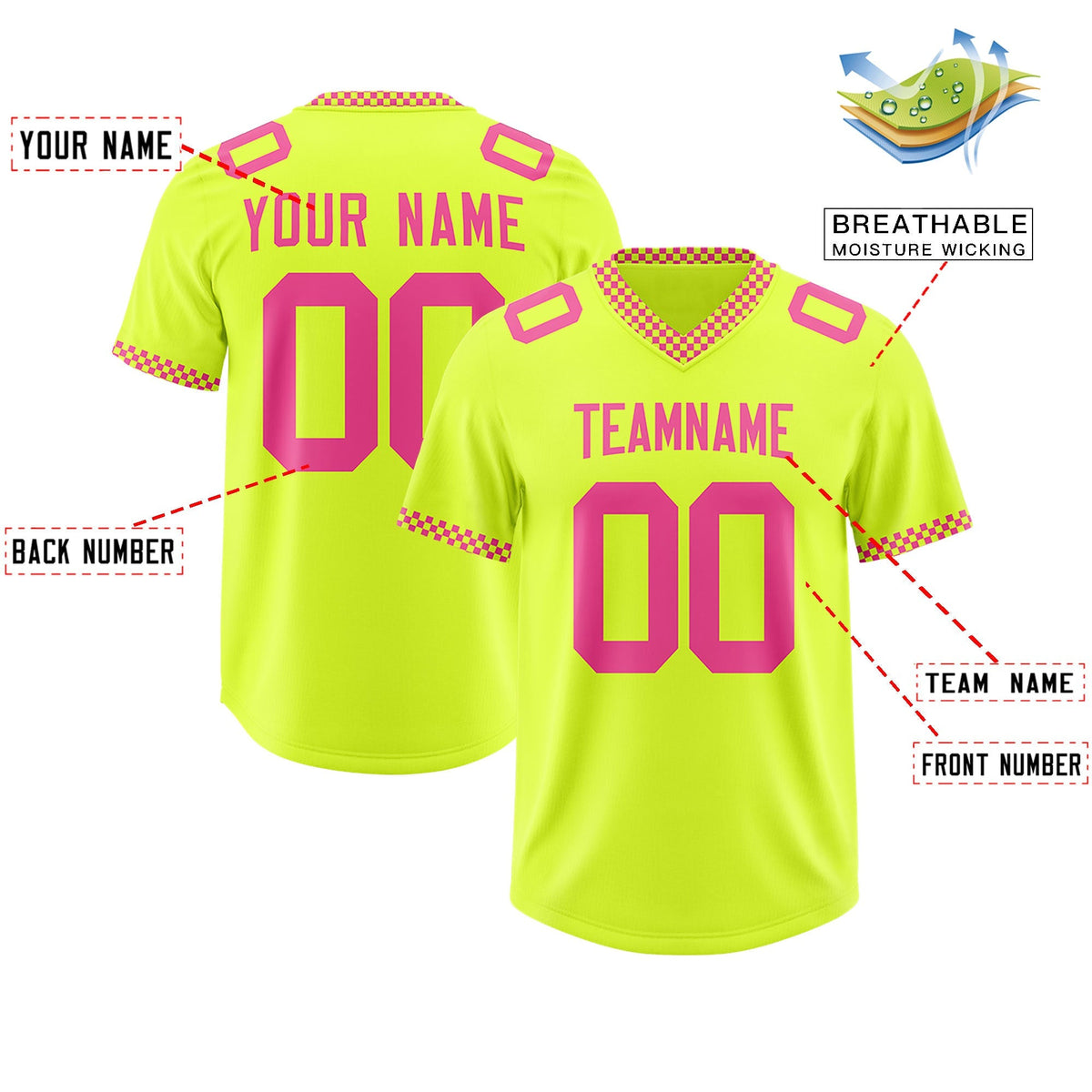 Custom Fluorescent Green Pink Personalized Neckline Square Classic Authentic American Football Jersey