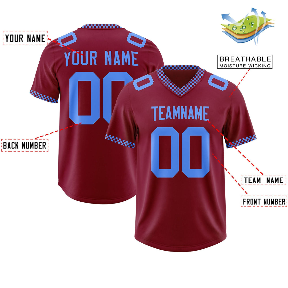 Custom Crimson Powder Blue Personalized Neckline Square Classic Authentic American Football Jersey