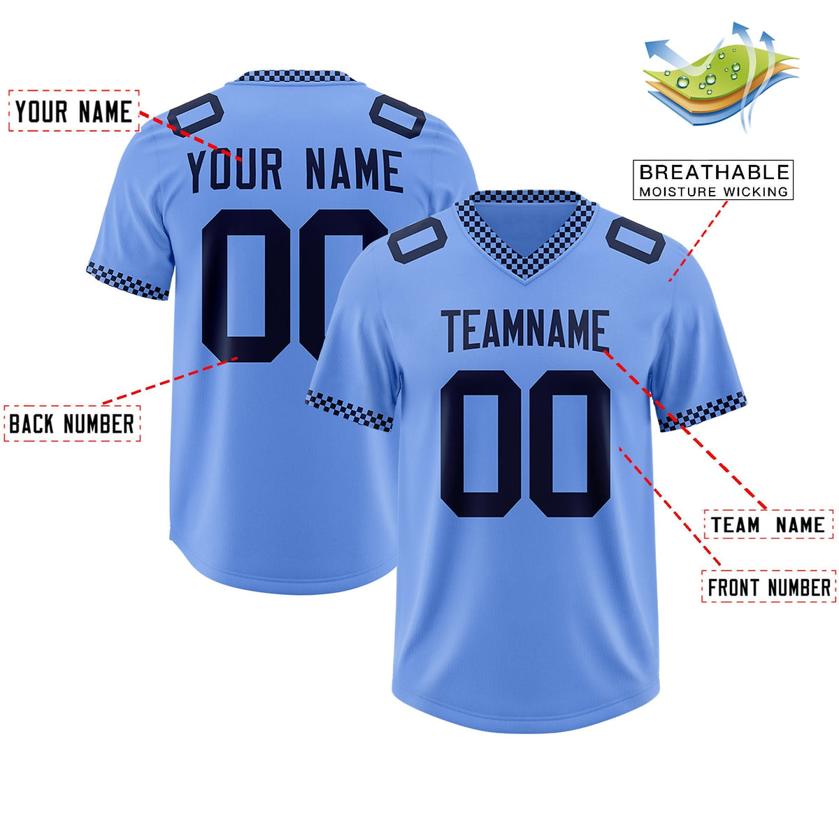 Custom Light Blue Navy Personalized Neckline Square Classic Authentic American Football Jersey