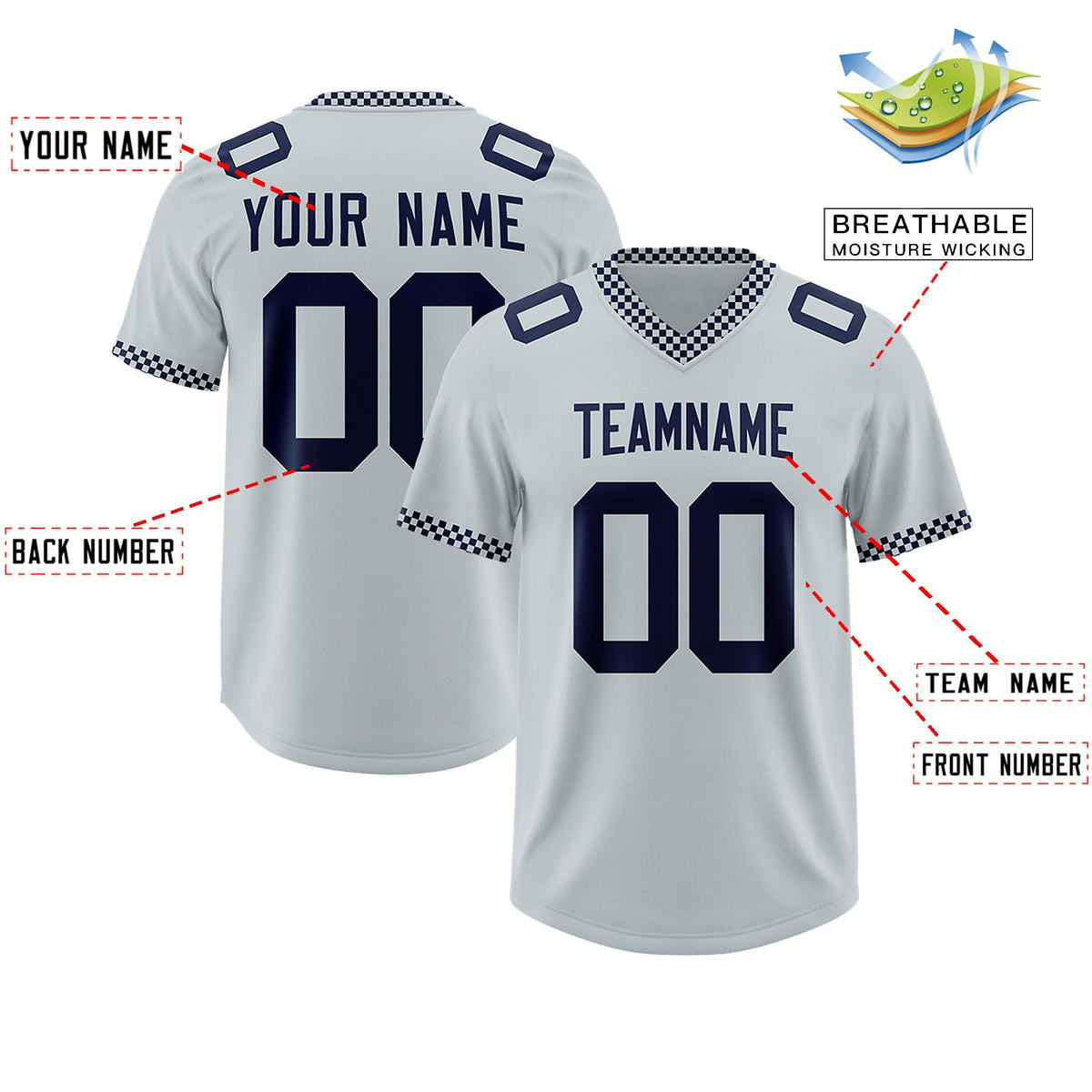 Custom Silver Navy Personalized Neckline Square Classic Authentic American Football Jersey