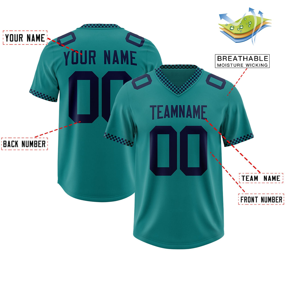 Custom Aqua Navy Personalized Neckline Square Classic Authentic American Football Jersey