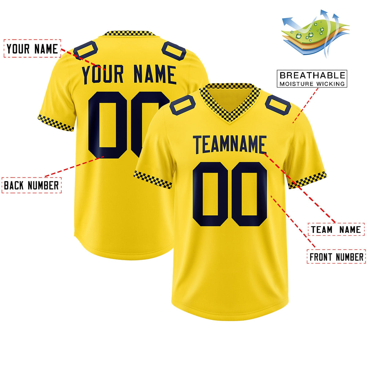 Custom Gold Navy Personalized Neckline Square Classic Authentic American Football Jersey