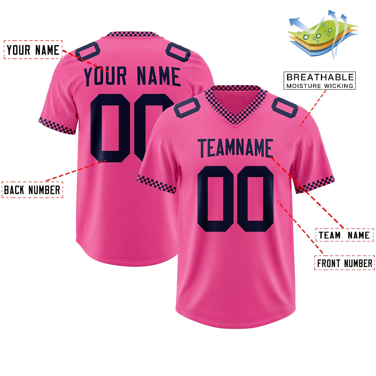 Custom Pink Navy Personalized Neckline Square Classic Authentic American Football Jersey