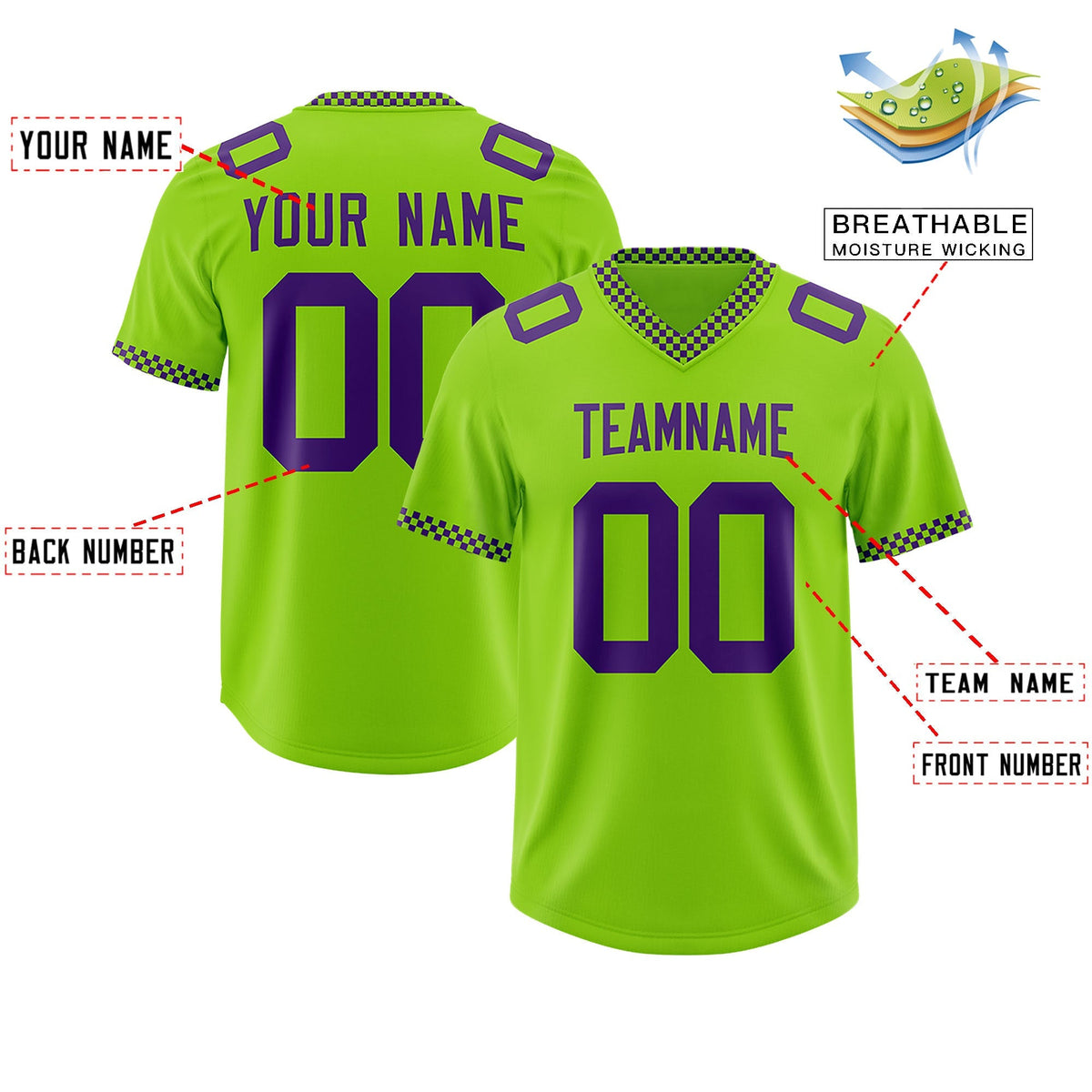 Custom Neon Green Purple Personalized Neckline Square Classic Authentic American Football Jersey